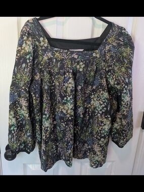 Lauren Conrad Black Floral Square-Neck Embellished Blouse Size L